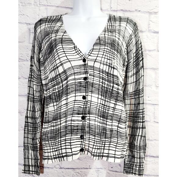 Loft White Black Plaid Button Up Cardigan Sweater MP Lightweight Soft Stretchy - Picture 1 of 5